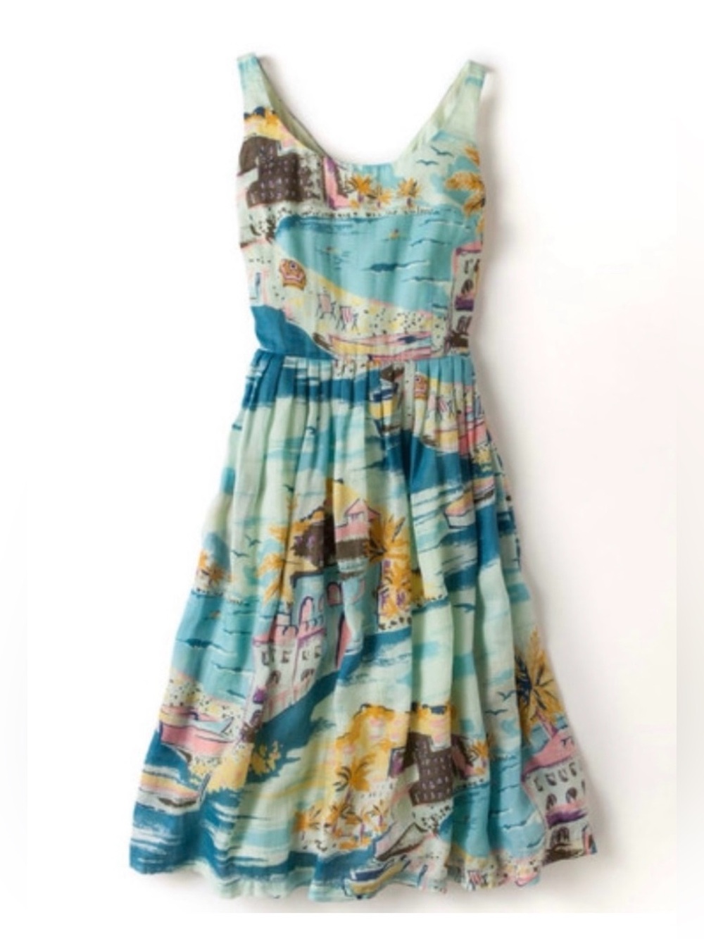 Boden Aqua Sleeveless Sun Dress Riviera Travel Beach Print Hattie Cotton Dress